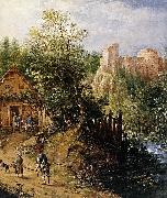Pieter van Gunst Mountain Valley with Inn and Castle Germany oil painting artist